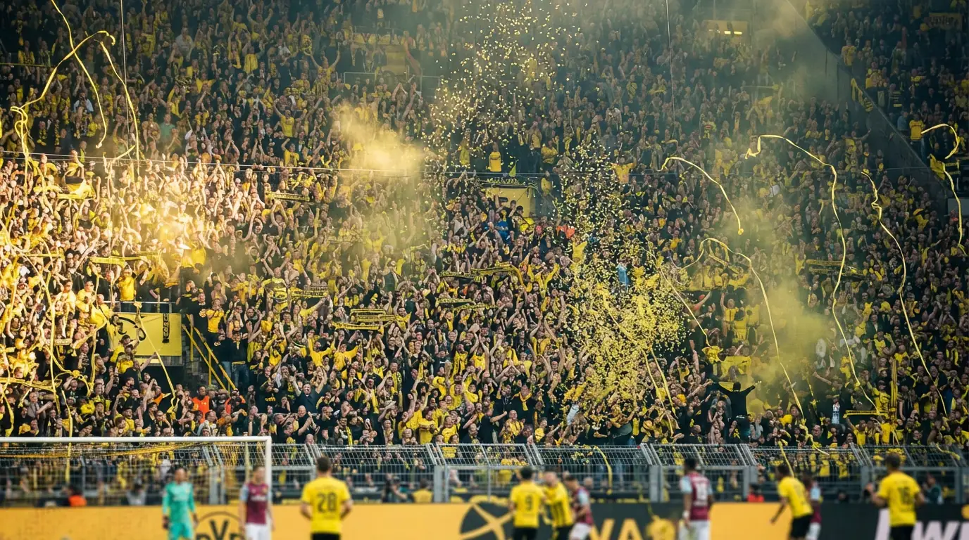 Aficion de la Bundesliga llenando un estadio aleman durante un partido de liga