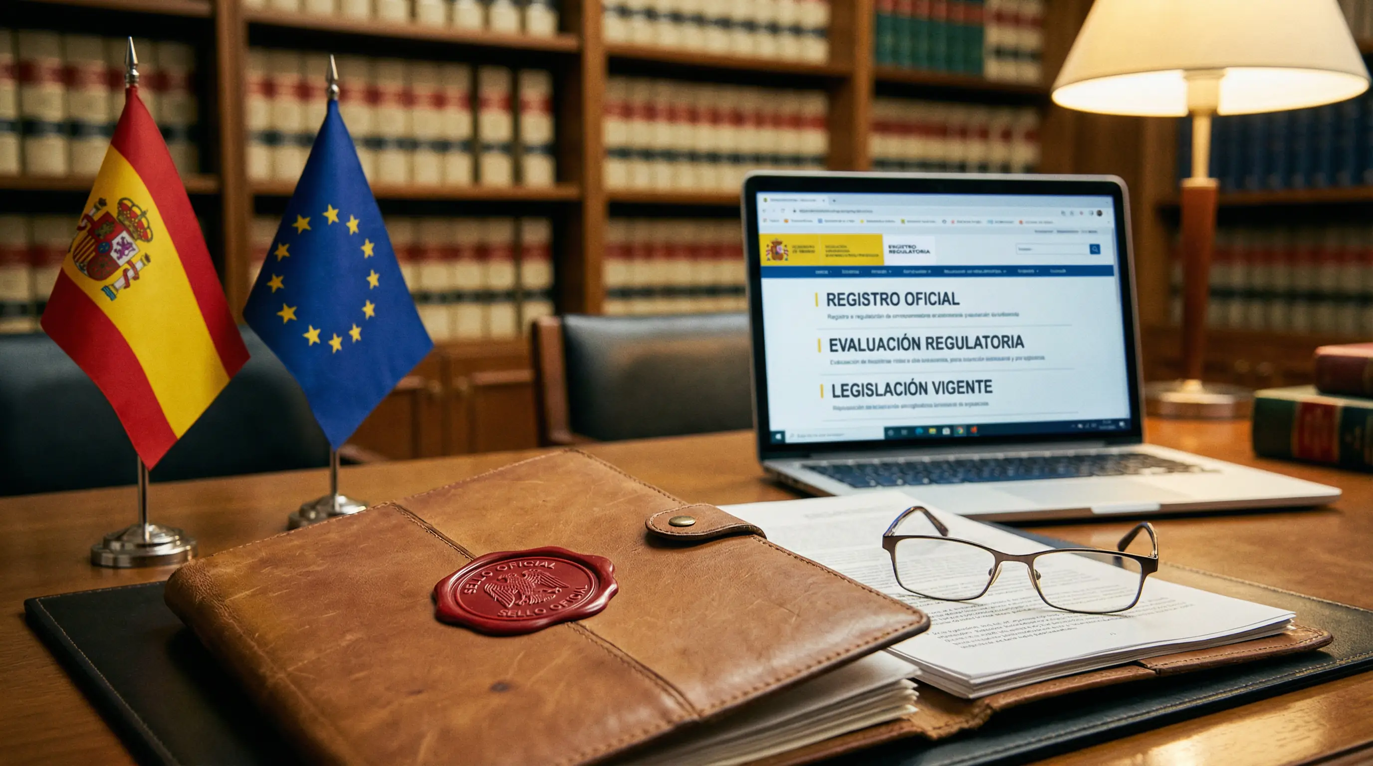Documento oficial de licencia de apuestas junto a una bandera de Espana en un escritorio profesional